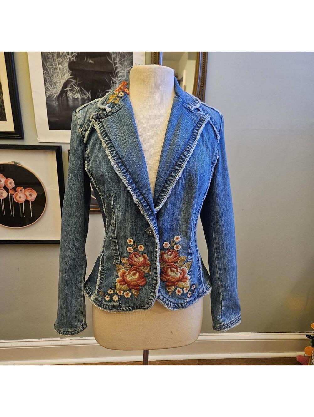 y2k vtg embroidered floral denim fall blazer kitkit medium cotton blend